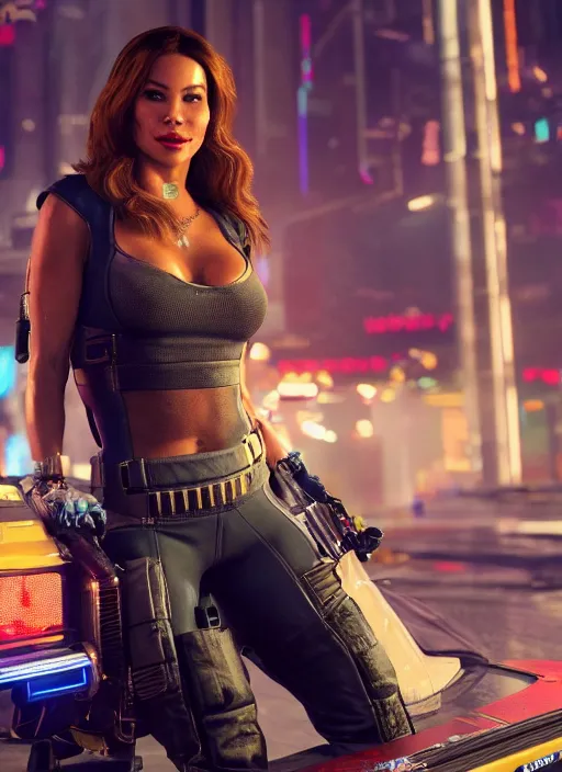 Image similar to film still of Sofia Vergara as Panam Palmer in Cyberpunk 2077, gameplay, 8k, HD