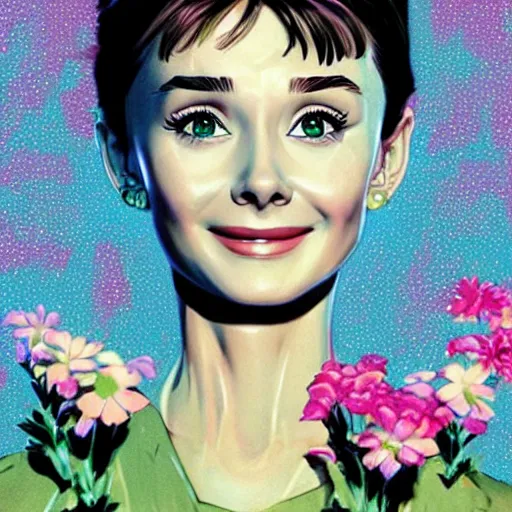 Image similar to portrait of young audrey hepburn smiling with flowers raining over her. sharp focus, cinematic pose, cinematic lighting, unreal engine render. art by josan gonzales and moebius and deathburger.