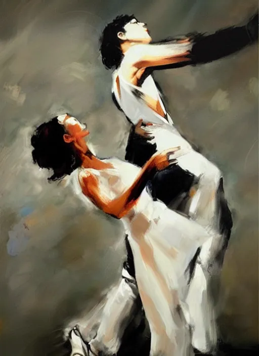 Prompt: tango dancerin in white dress, painting by phil hale, fransico goya,'action lines '!!!, graphic style, visible brushstrokes, motion blur, blurry, visible paint texture, crisp hd image