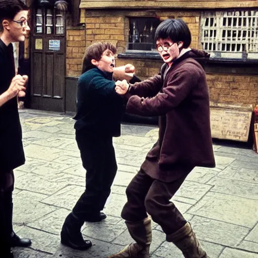 Prompt: harry potter getting into a fist fight at the local pub