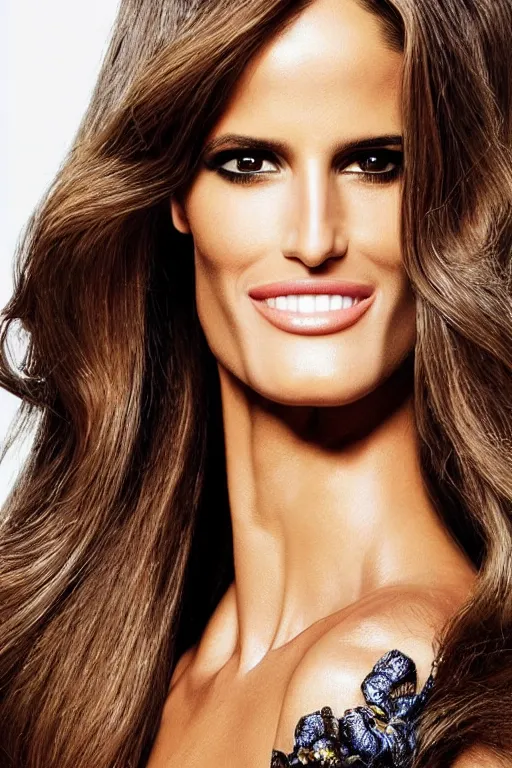 Prompt: A beautiful portrait of Izabel Goulart smiling as G.I. Joe Baroness as a Versace fashion model Spring/Summer 2010, highly detailed, in the style of cinematic, Getty images, Milan fashion week backstage, Extreme close up, Makeup by Pat McGrath, Hair by Guido Palau, Greg rutkowski