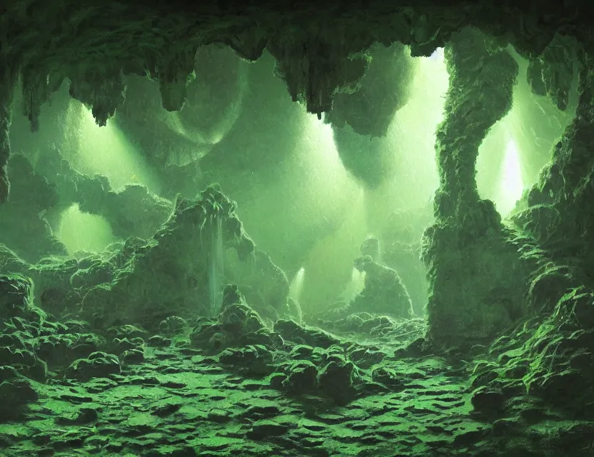 Image similar to futuristic nightclub in a mossy dripstone cave. oil painting by award - winning concept artist. backlighting, chiaroscuro, field of depth.