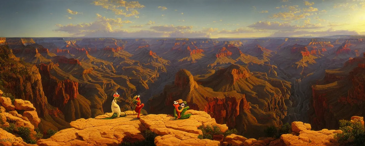 Prompt: romantic painting, wide shot of kermit the frog and miss piggy standing in front of a the grand canyon at sunrise, highly detailed, sublime, hyperrealistic, painted by caspar david friedrich and albert bierstadt, trending on artstation 8 k