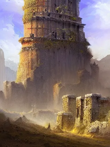 Prompt: ruins of a crumbling giant tower. elegant, highly detailed, digital painting, artstation, concept art, sharp focus, illustration, by justin gerard and artgerm, 8 k