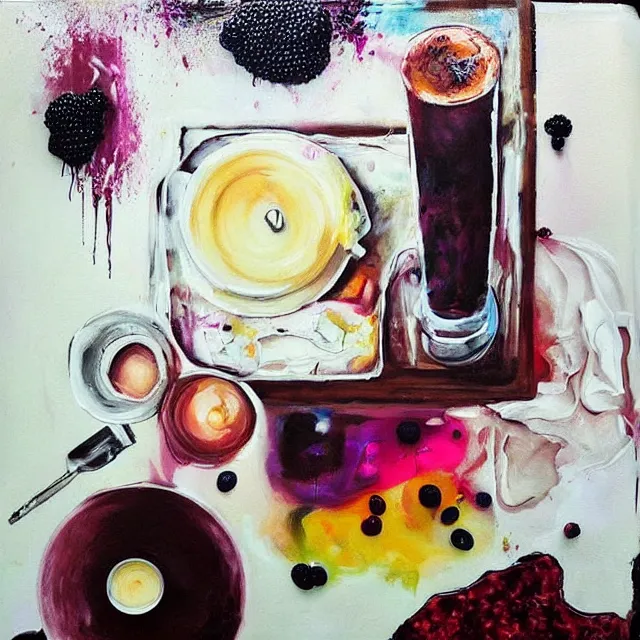 Image similar to “ sensual, neo - expressionism, surrealism, a portrait in a female art student ’ s apartment, pancakes, iced latte, berries, art supplies, a candle dripping white wax, berry juice drips, acrylic and spray paint and oilstick on canvas ”