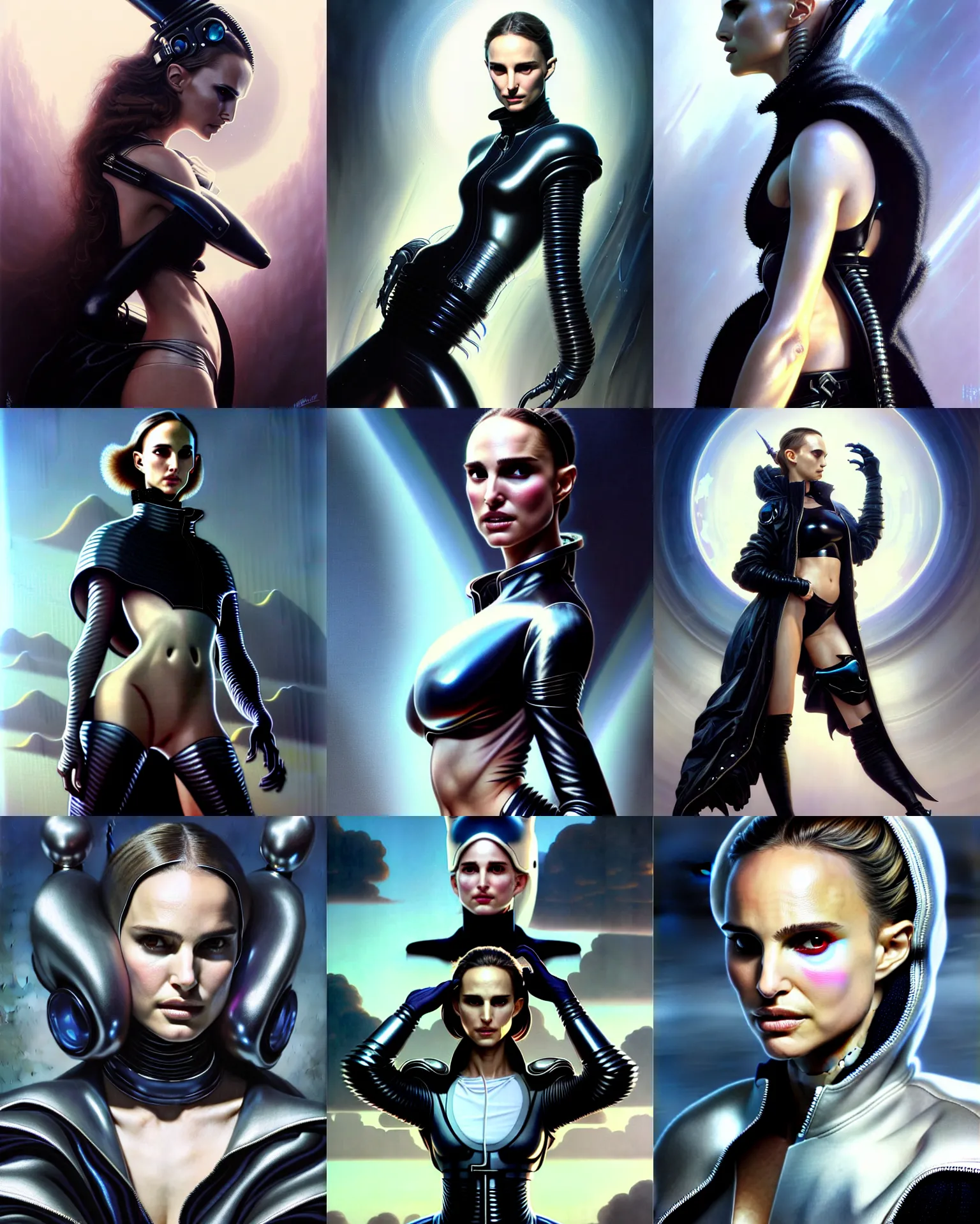 Prompt: beautiful fantasy character portrait, natalie portman, wearing oversized silver and black bomber jacket, ultra realistic, wide angle, seductive pose, cyberpunk artifacts, highly detailed by peter mohrbacher, hajime sorayama, wayne barlowe, boris vallejo, aaron horkey, gaston bussiere, craig mullins