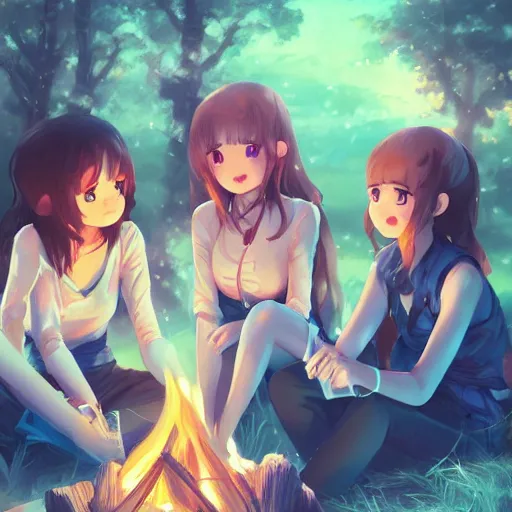 Prompt: very beautiful cute girls sitting around campfire at night, cinematic, fantastic detailed eyes, anime, trending on artstation, pixiv, makoto shinkai, manga cover