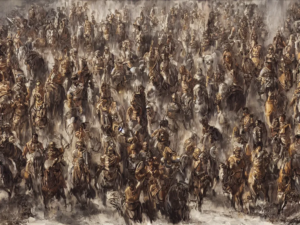 Image similar to Roman legions of Caesar parading in Rome, in the style of Jérôme Bosch, intricate details