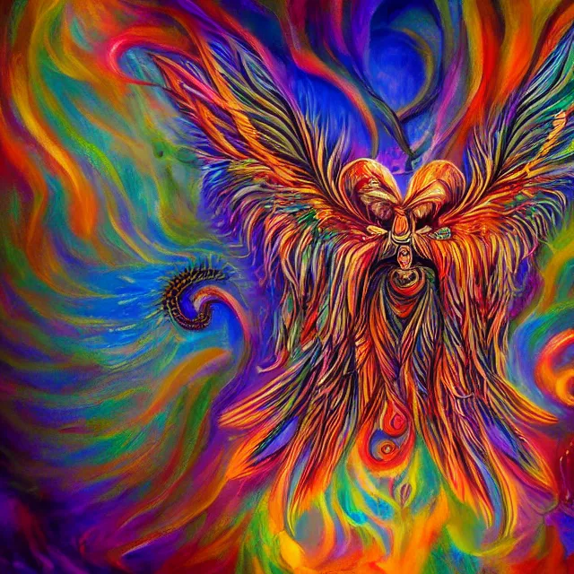 Image similar to angelic ophanim Lovecraftian horror covered in eyes feathers and wings, oil painting award winning, chromatic aberration sharp colors, fractal geometry insane angel be not afraid