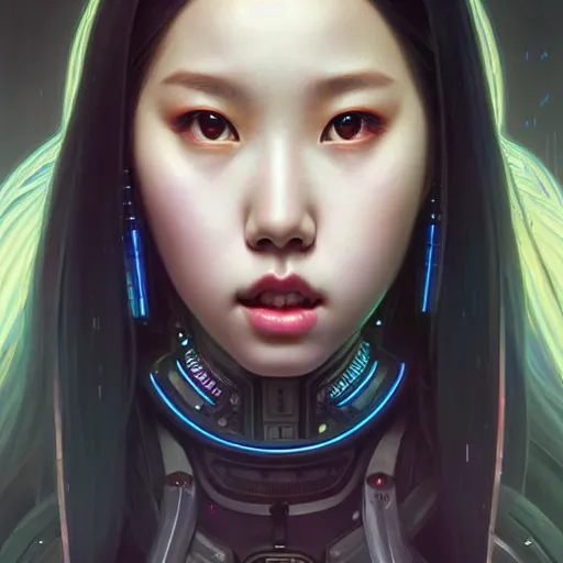 Prompt: portrait painting of olivia hye kpop as a cheerful smiling cyberpunk mercenary, ultra realistic, concept art, intricate details, eerie, highly detailed, photorealistic, octane render, 8 k, unreal engine. art by artgerm and greg rutkowski and magali villeneuve and alphonse mucha