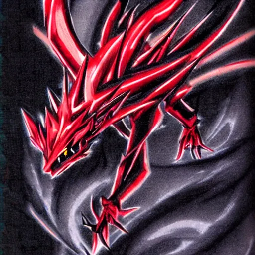 Prompt: red eyes black dragon, yugioh style