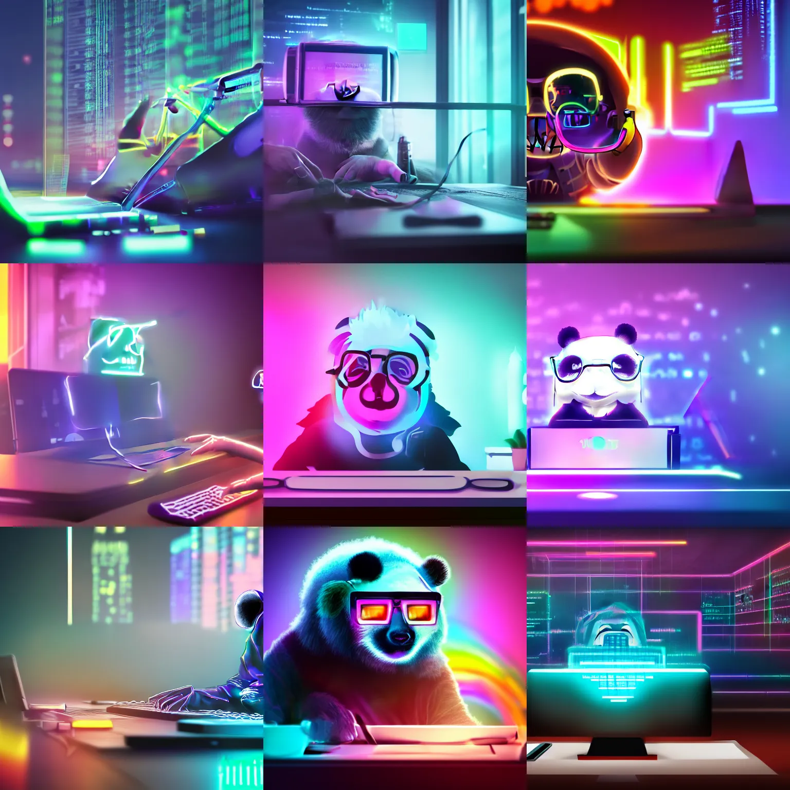 Prompt: a fluffy rainbow panda like a programmer wearing metal frame glasses is coding in front of the computer by hands, foggy, mystery code, Cyberpunk, neon light, 4k, hd, highly detailed, 8k