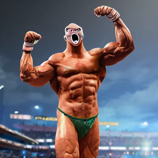 Prompt: pepe the frog, muscular and 7 feet tall, in wrestlemania