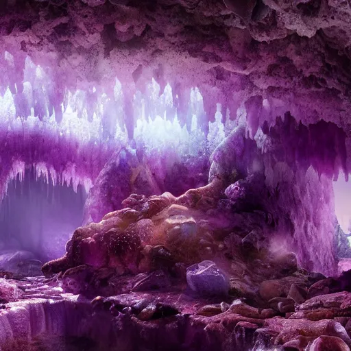 Image similar to inside an amethyst cave with a hotspring, highly detailed, 4k, HDR, award-winning, artstation, octane render