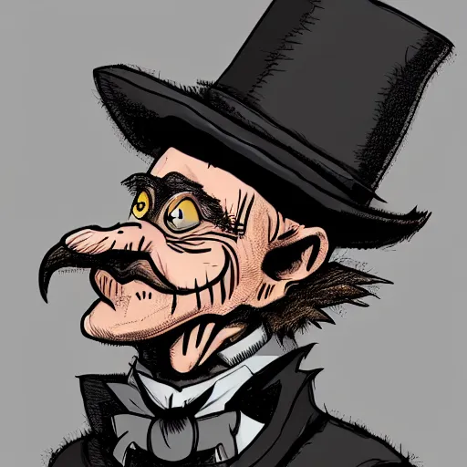 Prompt: a cartoonishly evil goblin, supervillain, top hat and luxurious moustache, portrait, d & d character portrait, victorian clothing, digital art, 8 k,