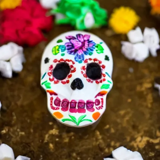 Image similar to mexican sugar skull candy in the shape of a havanese dog, ofrenda, 4 k close up photo, leica, bokeh