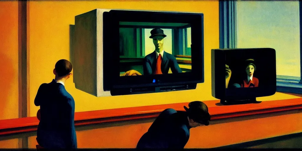 Image similar to edward hopper painting of a crt television broadcasting propaganda outside of the screen, lots of people standing around with no eyes. one normal person with eyes, a young man, frightened about what is going on around him s 1 5 0