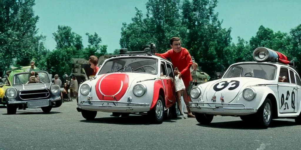 Image similar to promotion movie still of the car in'herbie'film ( 1 9 6 8 ). cinematic, 4 k, imax, 7 0 mm