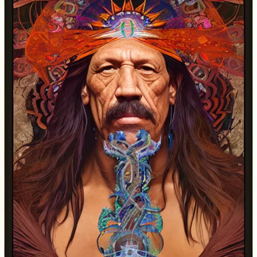 Image similar to an acrylic on canvas portrait of Danny Trejo Shaman Lightworker Alchemist Druid, Mystery, Love, wholeness, rooted lineage, web of life, open eye freedom by Greg Rutkowski, Artgerm and Alphonse Mucha. Epic fantasy art.