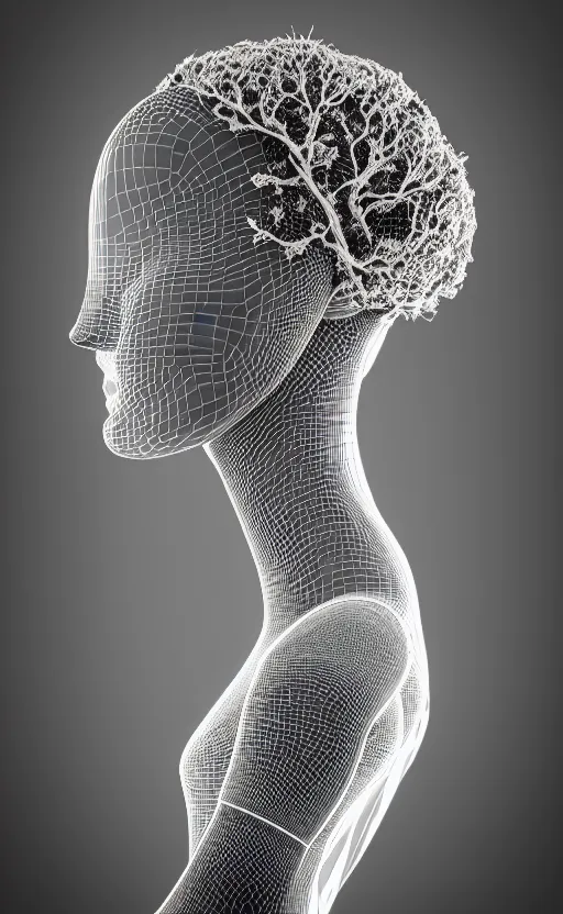 Image similar to black and white complex 3d render of a beautiful profile woman face, vegetal dragon cyborg, 150 mm, beautiful natural soft light, moon rays, silver details, magnolia stems, roots, fine lace, maze like, mandelbot fractal, silver metallic armour, anatomical, facial muscles, cable wires, microchip, elegant, highly detailed, rim light, octane render, H.R. Giger style