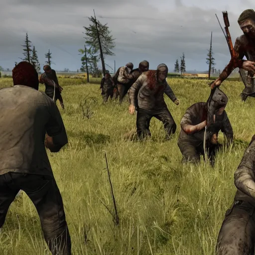 Image similar to survivors fending off a zombie attack in dayz, ultra realistic, hd