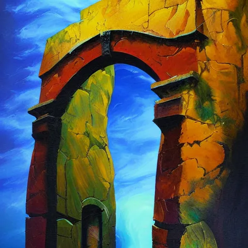 Image similar to colorful andreas rocha impasto!! acrylic painting of the gateway of a forgotten civilization