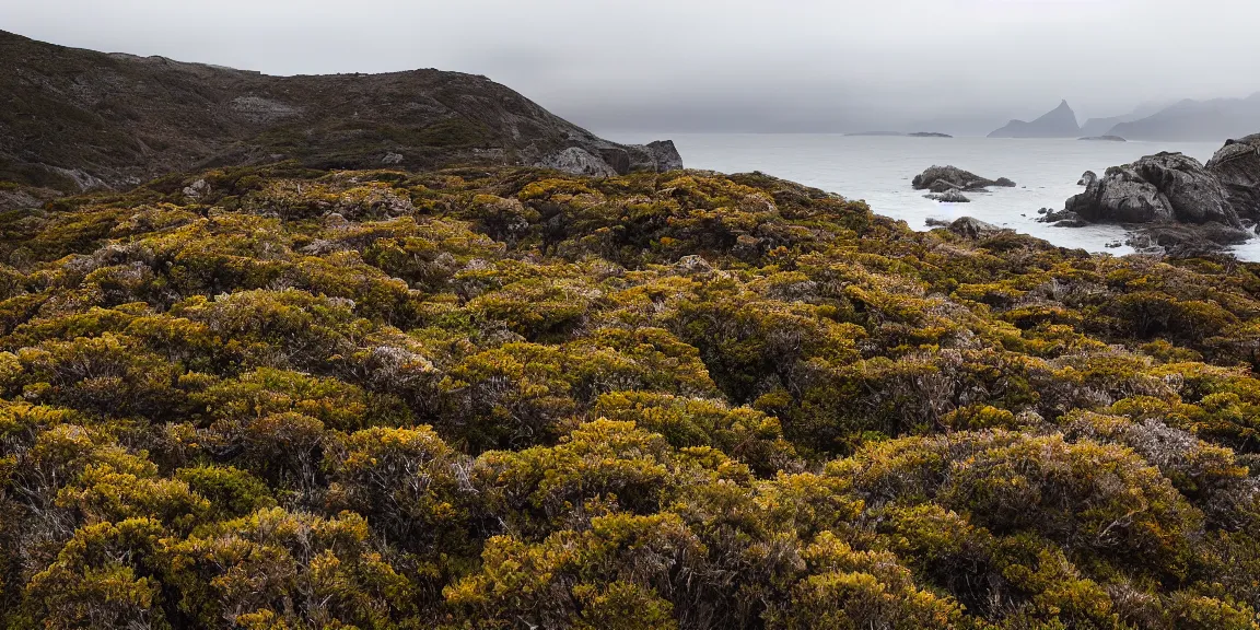 Image similar to Coastal view of a rocky Patagonian forest, Nothofagus, windy environment, shrubs, rocky and poorly drained. Crowberries. Overcast, cloudy. September 12th. Patagonian Chile and Argentina. Trending on Artstation, deviantart, worth1000. By Greg Rutkowski. National Geographic and iNaturalist HD photographs