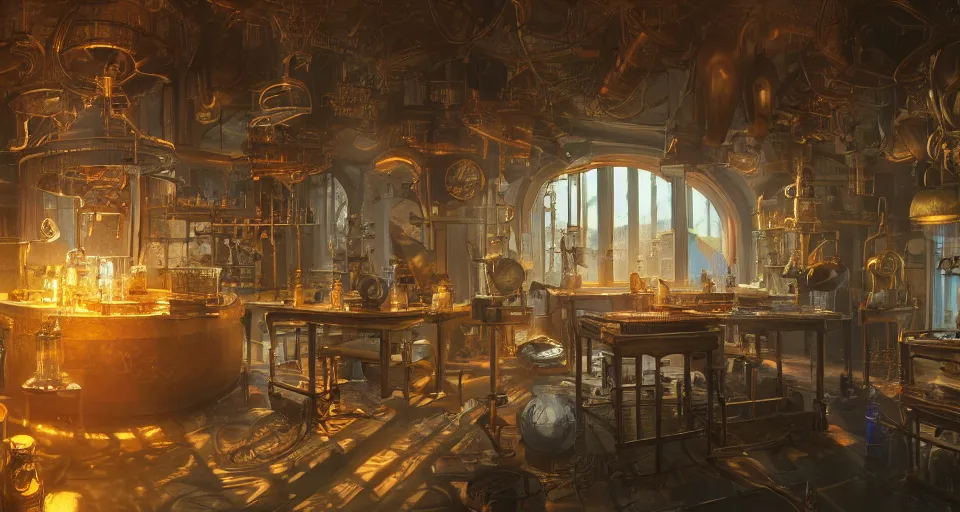 Prompt: Alchemy laboratory, hyperdetailed, artstation, cgsociety, golden hour 8k