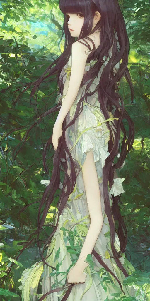 Image similar to a digital art of a loli with long hair in a dark colour dress in the privet garden at after noon, green and warm theme, back lighting, by krenz cushart and mucha and akihito yoshida and greg rutkowski and makoto shinkai, extremely long shot, detailed eyes, 4 k resolution, trending on art station