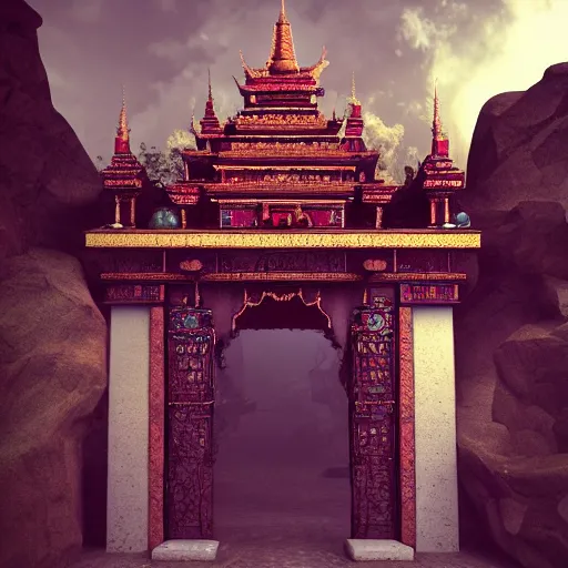 Prompt: Mystical Ornate Tibetan Archway To The Glade of Forgotten Fears, Concept Art, Artstation, Epic Atmosphere, Anamorphic Lens, Cinematic Lighting