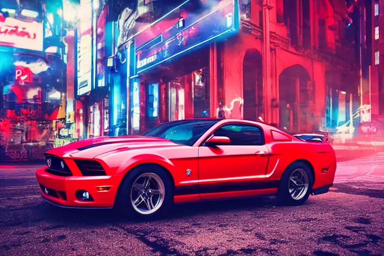 Image similar to red Ford Mustang in the city with blue lighting, synthwave, background lit, high quality