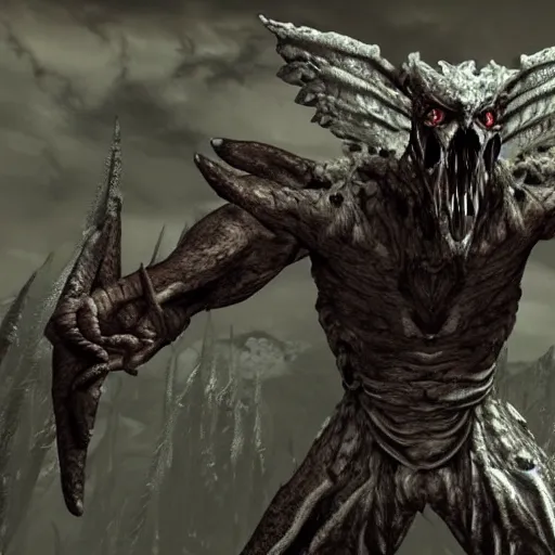 Image similar to screenshot of a horrid creature from Skyrim. It has angel wings, no eyes, and has long fingers with sharp teeth.