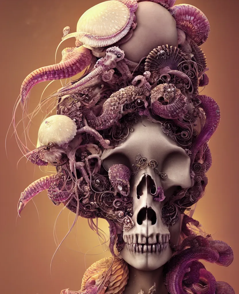 Image similar to goddess princess face close-up portrait ram skull. jellyfish phoenix head, nautilus, orchid, skull, betta fish, bioluminiscent creatures, intricate artwork by Tooth Wu and wlop and beeple. octane render, trending on artstation, greg rutkowski very coherent symmetrical artwork. cinematic, hyper realism, high detail, octane render, 8k