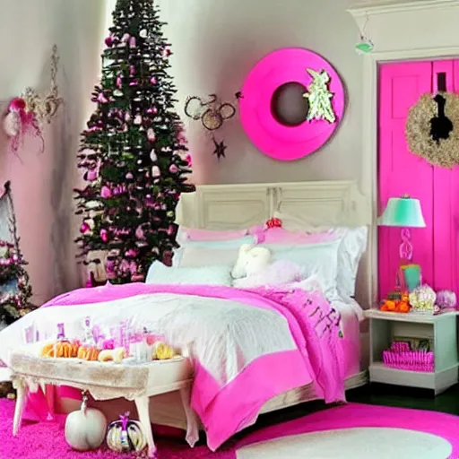 Image similar to homemade bubble gum and pastel pink halloween themed christmas bedroom ideas, high resolution, creative, visually appealling