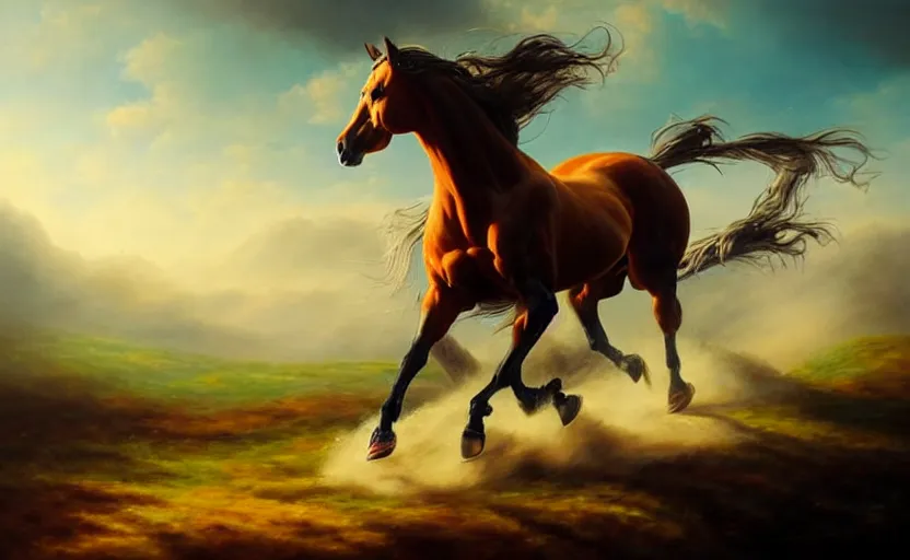 Image similar to a masterpiece oil painting of a proud horse galloping. wide angle, fantasy art, heroic lighting, very very very beautiful raytraced rendering, fog, finger of god