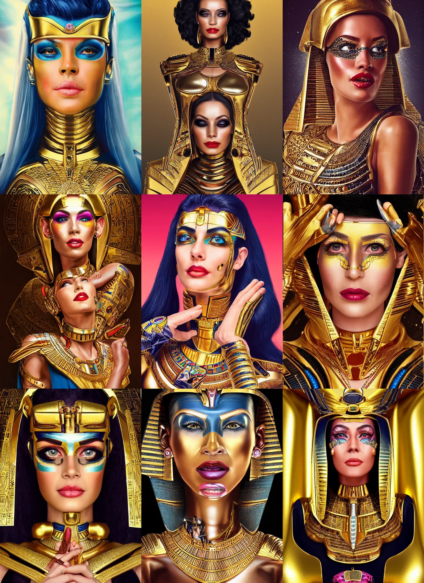 Prompt: stunning cyborg woman portrait with egypt make - up, dressed in an golden ornate silk outfit, 9 0 s look, smiling, cute nose, retro, beautiful lights, vintage look, hyper realistic, illustration, airbrush, 8 k, intricate, duo tone, art by david la chapelle and philip castle, artgerm