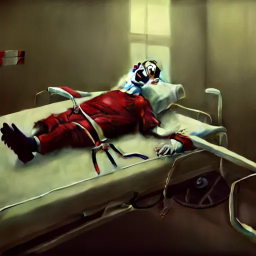 Prompt: hysterical and crazy elderly clown lying in hospital bed with wrist restraints on, restraints attached to hospital bed siderails, greg rutkowski, photograph, 8 k