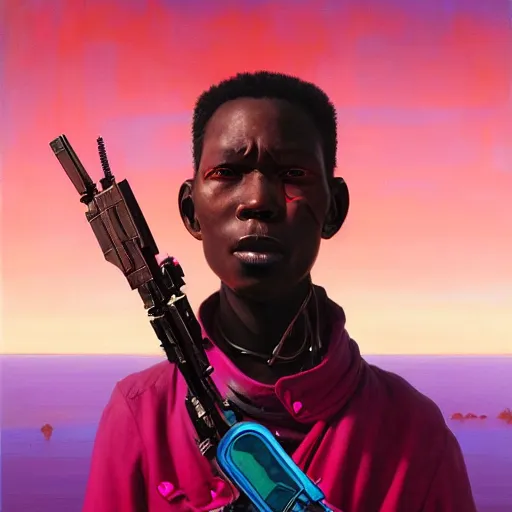Image similar to a zulu cyberpunk hunter near a pink lake by thomas blackshear and android jones in a surreal portrait style, oil on canvas, 8k resolution.
