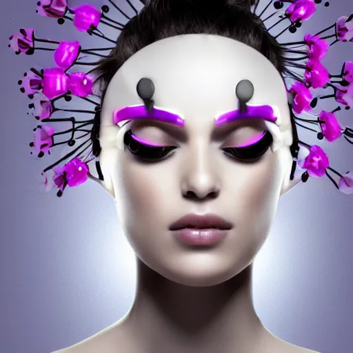 Image similar to female futuristic robot face with flower antennas