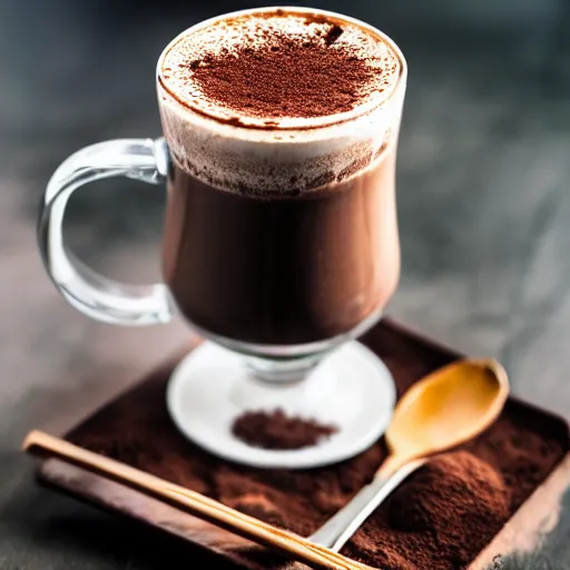 Prompt: food photography of hot chocolate drink in tall glass with cream on top and cocoa powder, canon macro lens, moody lighting, front view
