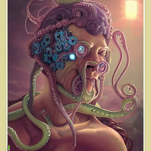 Image similar to portrait painting of octowoman, half man, half octopus, ultra realistic, concept art, intricate details, extremely detailed, photorealistic, octane render, 8 k, unreal engine. art by artgerm and dan mumford and alphonse mucha and studio ghibli