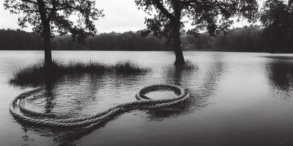 Image similar to symmetrical photograph of an infinitely long rope submerged on the surface of the water, the rope is snaking from the foreground towards the center of the lake, a dark lake on a cloudy day, trees in the background, moody scene, anamorphic lens