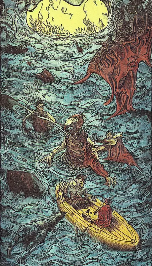 Image similar to man on boat crossing a body of water in hell with creatures in the water, sea of souls, by raymond briggs