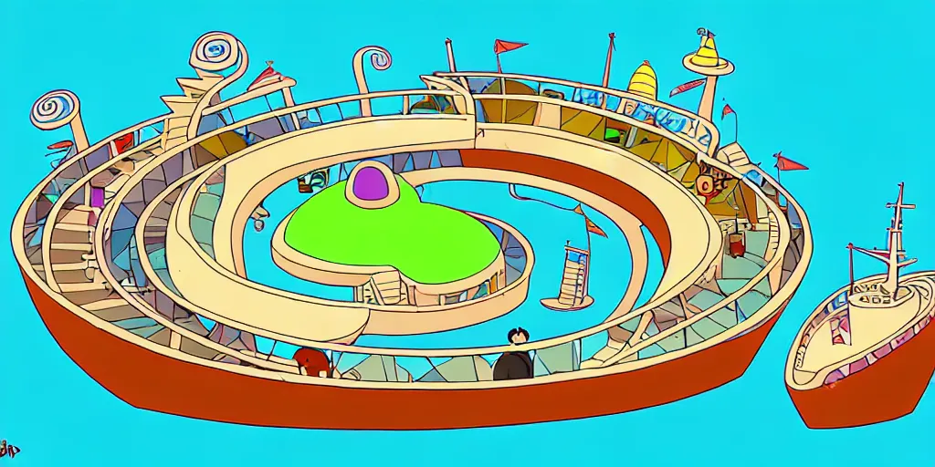 Image similar to chubby spiral shape cartoon concept art, ship port, from lorax movie, sam and max