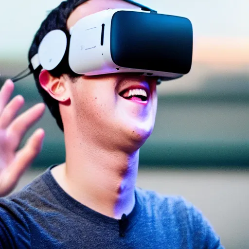 Image similar to anime Mark Zuckerberg smiling dancing with vr headset on while people cheer and cry, in rooftop bar, photo by Mann, detailed, 4k, beautiful