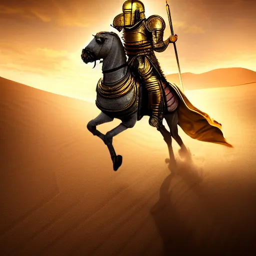 Image similar to Realistic photo of the king of the Desert in Battle, Knight with a golden helmet and a Silver Armour, Sand, Heroic Battle Scene, dark fantasy, intricate, cinematic lighting, highly detailed, digital art, trending on Artstation, 8k, photorealistic