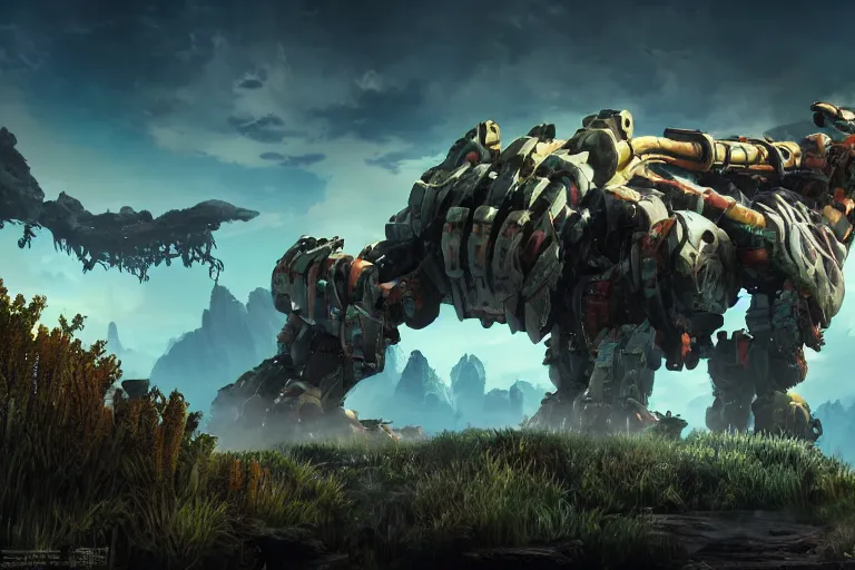 Image similar to tremortusk machine mecha animal beast robot of horizon forbidden west horizon zero dawn bioluminiscence global illumination ray tracing hdr fanart arstation by sung choi and eric pfeiffer and gabriel garza and casper konefal