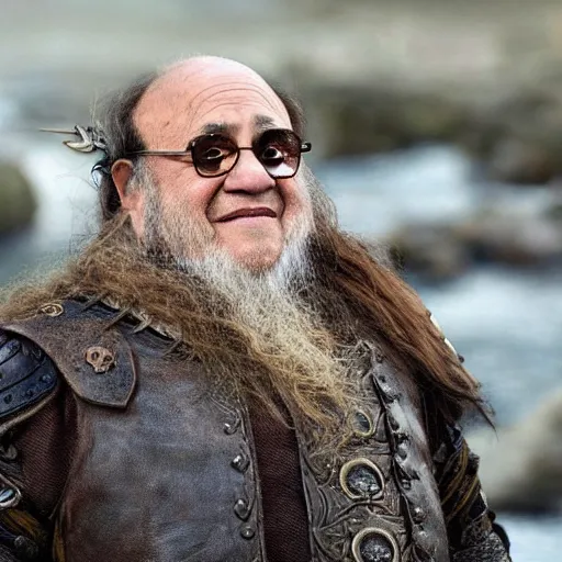 Image similar to Danny DeVito dressed as a viking jarl, standing at the helm of a longship