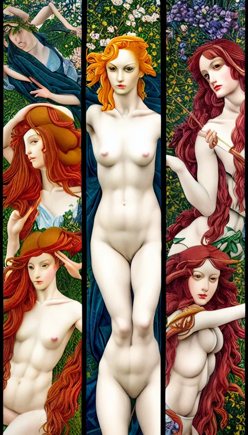 Image similar to 12 figures, representing the 4 seasons, (3 as Spring, 3 as Summer, 3 as Autumn, and 3 as Winter), in a mixed style of Botticelli and Æon Flux, inspired by pre-raphaelite paintings, shoujo manga, and cyberpunk, stunningly detailed, elaborate inking lines, pastel colors, 4K photorealistic