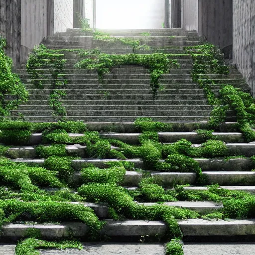 Image similar to a set of stairs with vines growing up them, walls of stone bricks, volumetric bluish light, a raytraced image by Tadao Ando, flickr contest winner, environmental art, streetscape, vray, national geographic photo